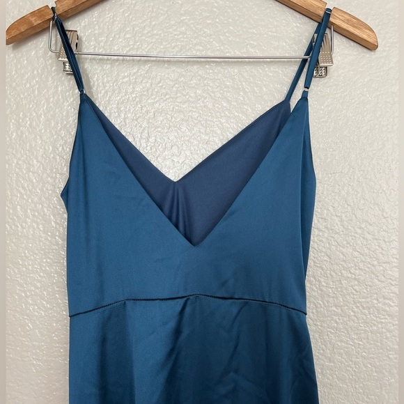 Delightful Allure Dark Blue Satin Pleated Backless Maxi Dress - Picture 5 of 8